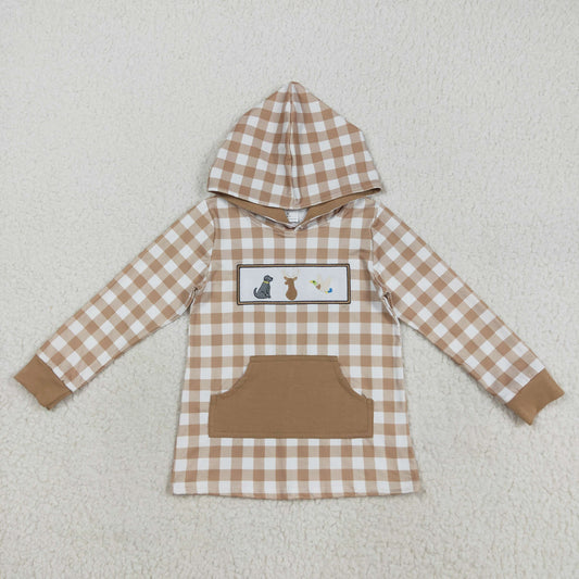 BT1285 Baby Boys Khaki Checked Embroidery Dog Deer Ducks Pockets Hunting Hoodies Top