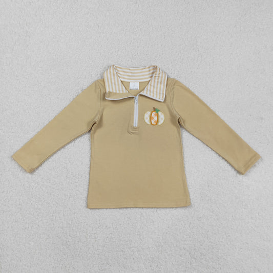 BT1293 Baby Boys Khaki Embroidery Pumpkins Zipper Fall Pullovers Top