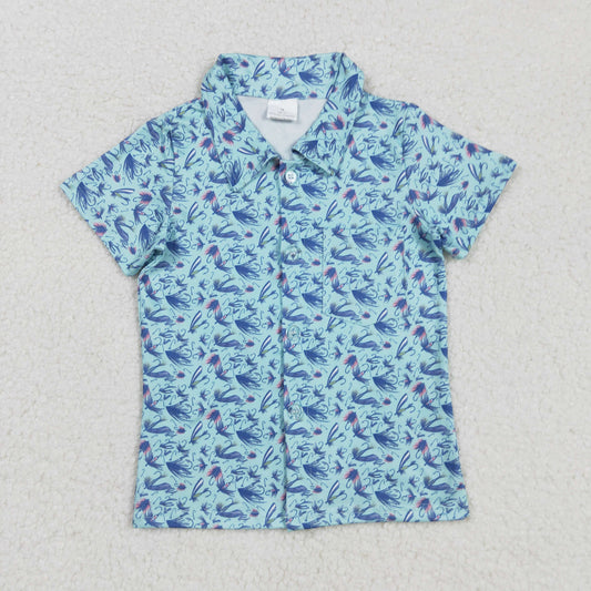 BT1296 Baby Boys Blue Flowers Fishing Button Pocket Southern Shirts Top