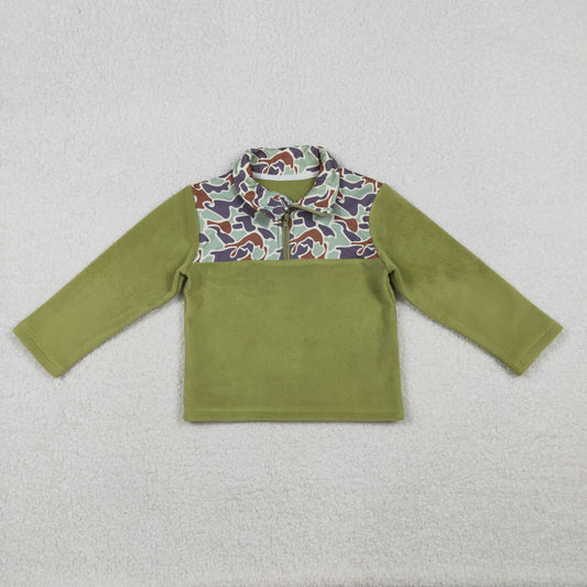 BT1308 Baby Boys Green Camo Quatrefoil Zipper Pullover Sherpa Tops
