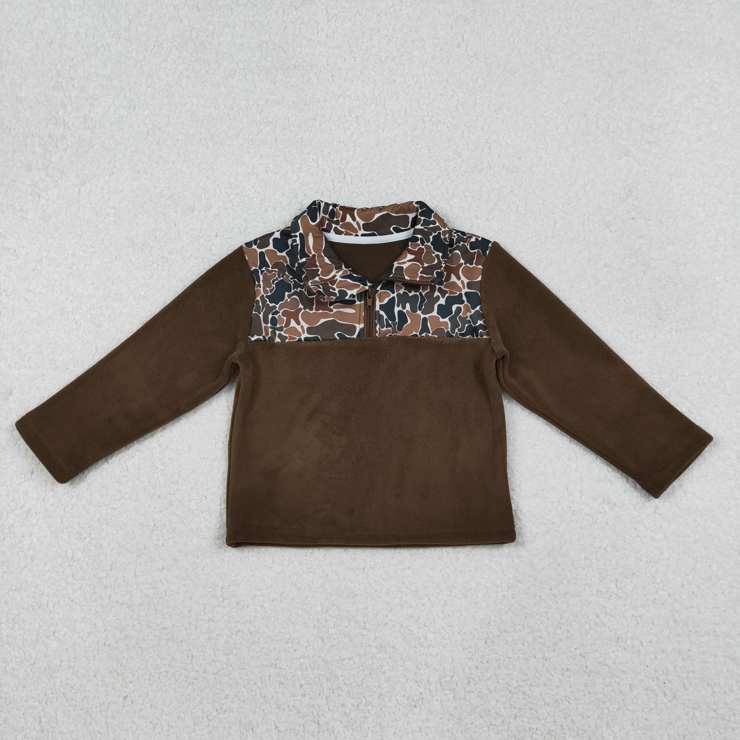 BT1309 Baby Boys Dark Brown Camo Quatrefoil Zipper Pullover Sherpa Tops