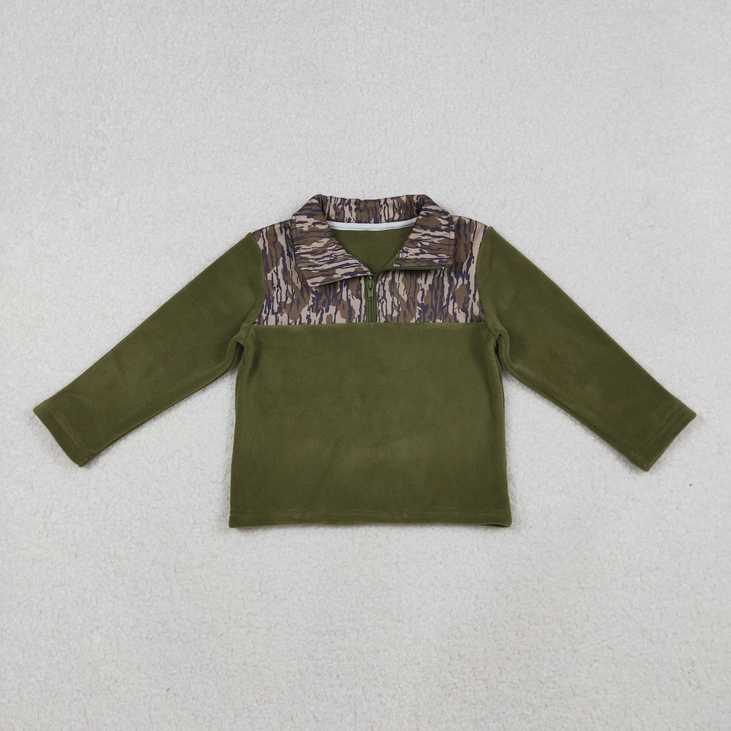 BT1317 Baby Boys Olive Camo Quatrefoil Zipper Pullover Sherpa Tops