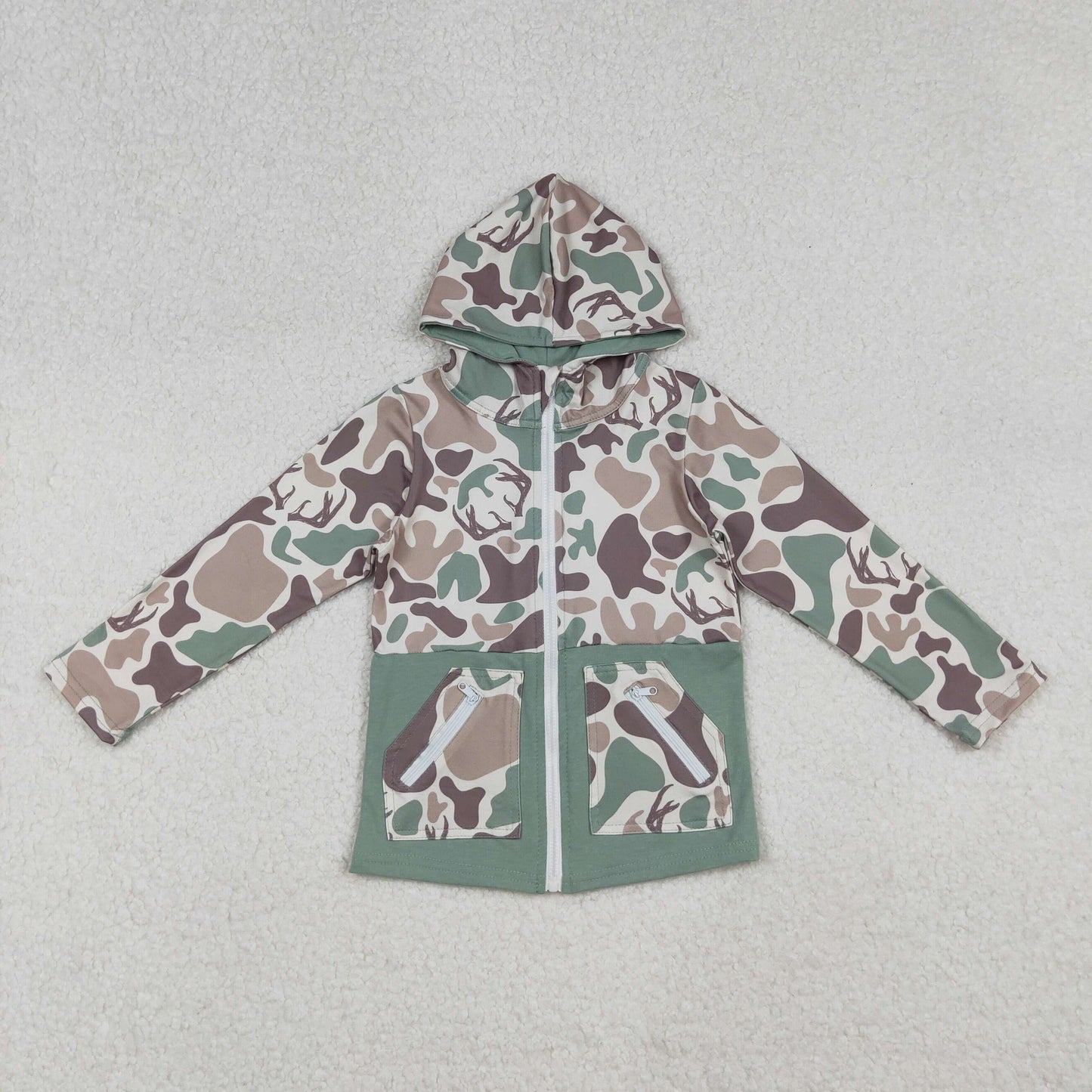 Sibling Baby Boys Green Khaki Deer Camo Pockets Zipper Hoodie Jackets Zipper Rompers