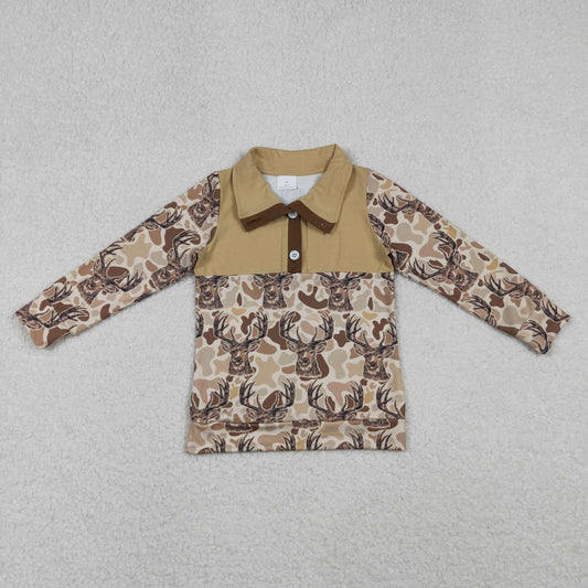 BT1338 Baby Boys Khaki Camo Deer Button Southern Hunting Pullovers Top