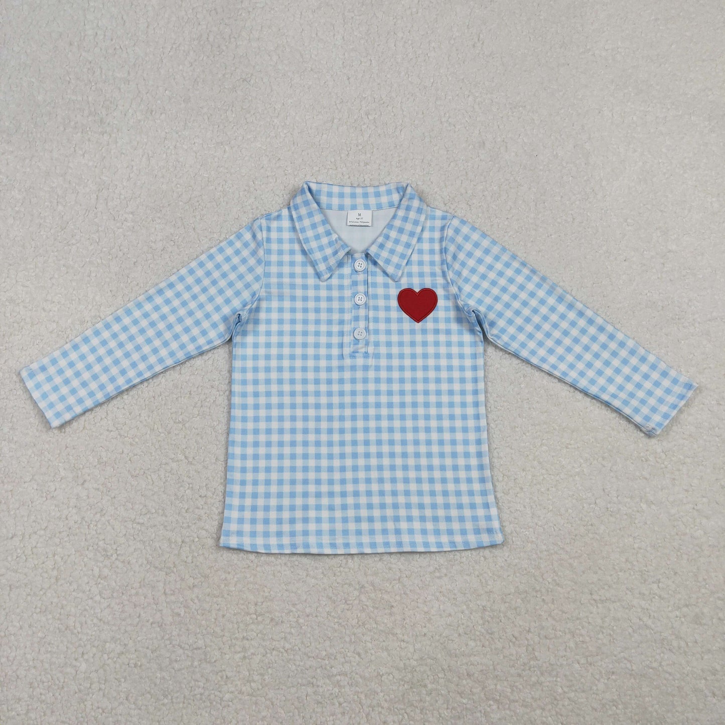 BT1386 Baby Boys Blue Checked Embroidery Hearts Button Valentine Polo Shirts Top