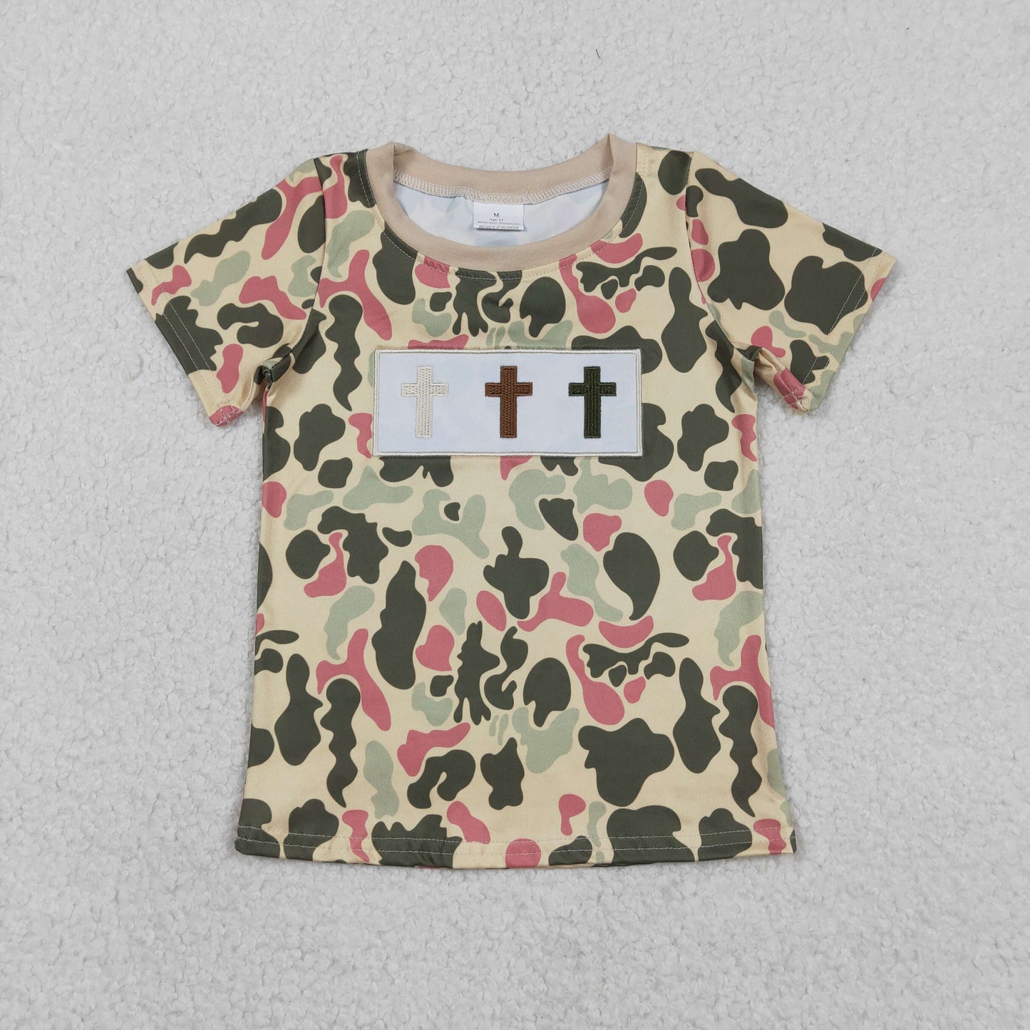 BT1395 Baby Boys Short Sleeve Embroidery Crosses Camo Easter T-shirts Top