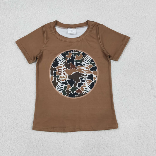 BT1429 Baby Boys Short Sleeve Brown Camo Baseballs Team Tee Shirts Top