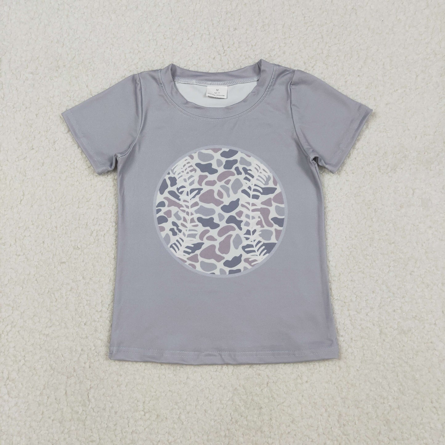 BT1430 Baby Boys Short Sleeve Light Grey Camo Baseballs Team Tee Shirts Top