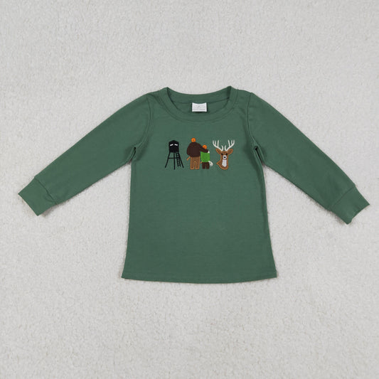 BT1438 Baby Boys Green Long Sleeve Embroidery Deer Hunting Tee Shirts Top