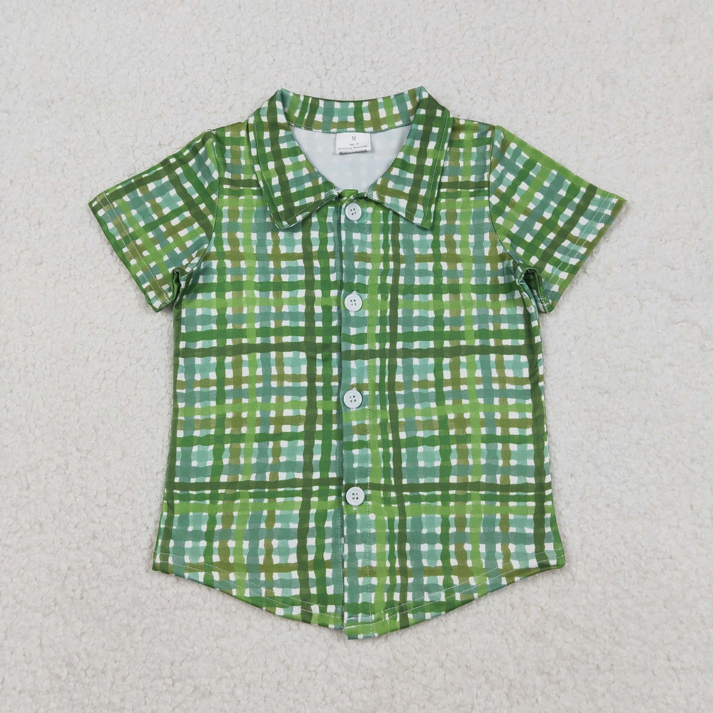 BT1456 Baby Boys Short Sleeve Green Checked St Patrick Button Shirts Top