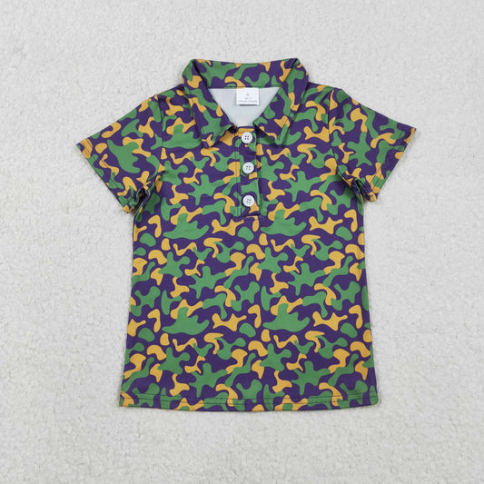 BT1498 Baby Boys Short Sleeve Mardigras Camo Button Polo Shirts Top