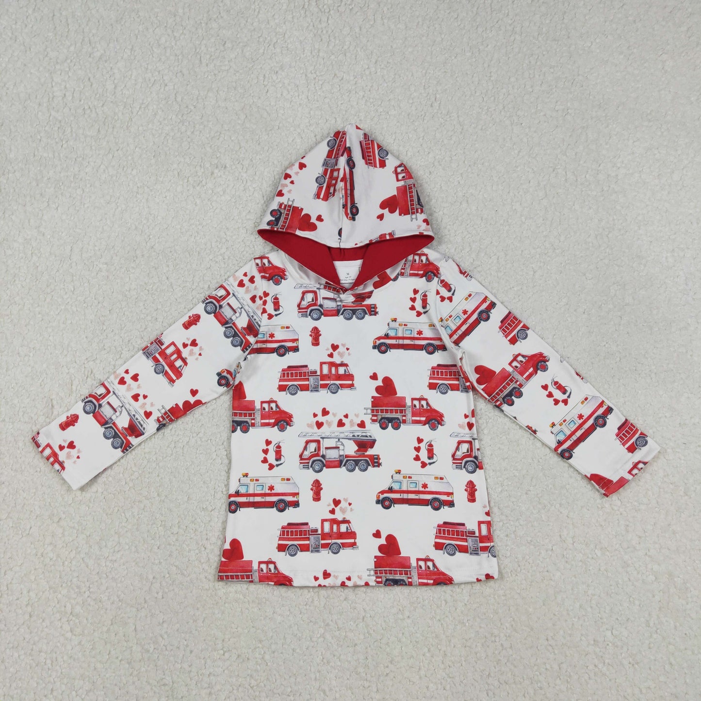 BT1512 Baby Boys Long Sleeve Red Hearts Fire Trucks Valentines Hoodies Top