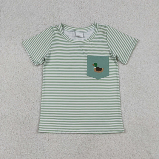 BT1557 Baby Boys Short Sleeve Green Stripe Embroidery Ducks Pockets T-shirts Top