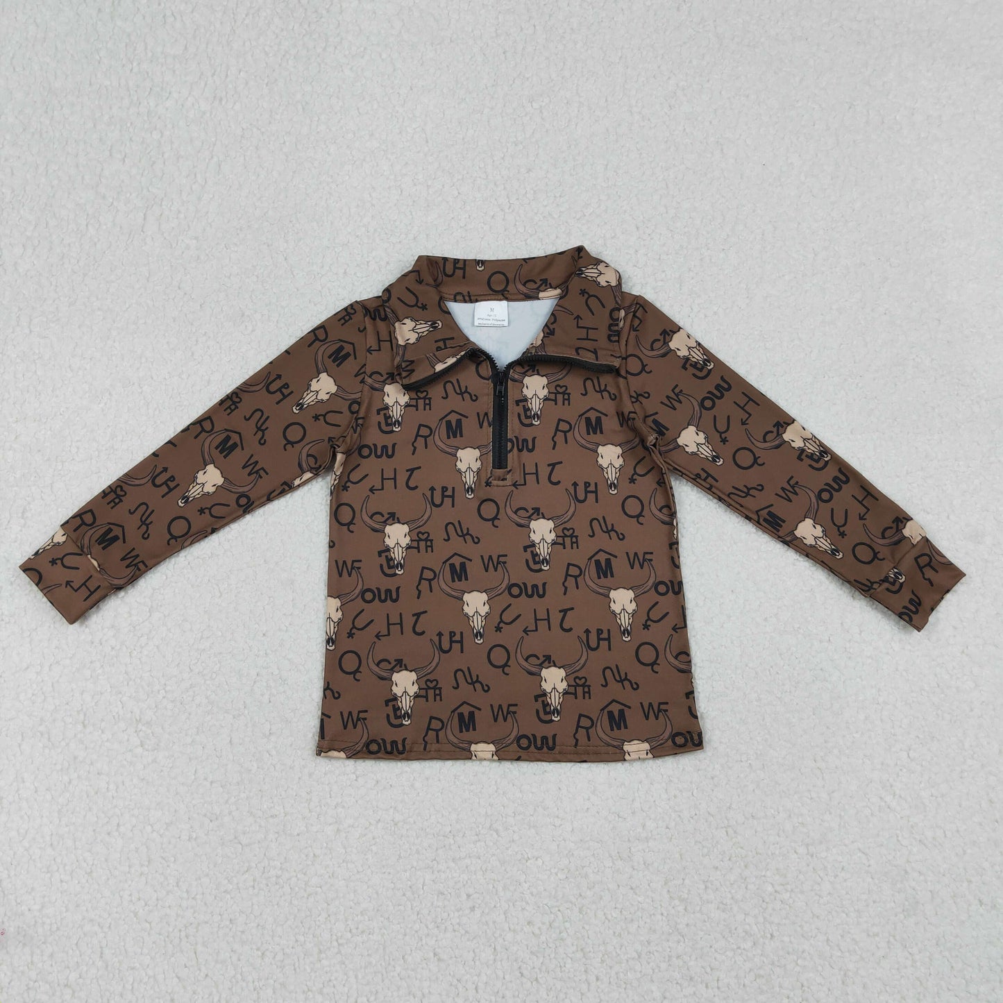 BT1597 Baby Boys Long Sleeve Brown Bull Skulls Western Zipper Pullovers Top