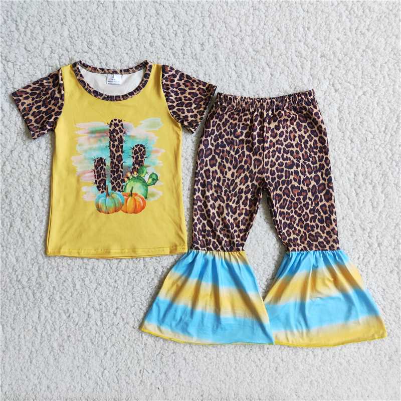 girls leopard cactus pumpkin tops bottoms sets C1-10