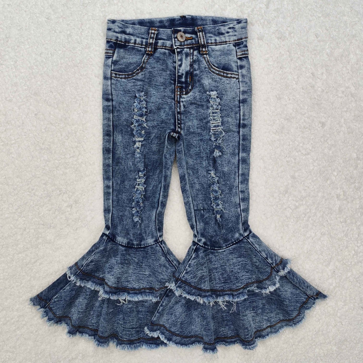 Sibling Baby Girls Blue Ruffle Bell Bottom Denim Pants Jeans