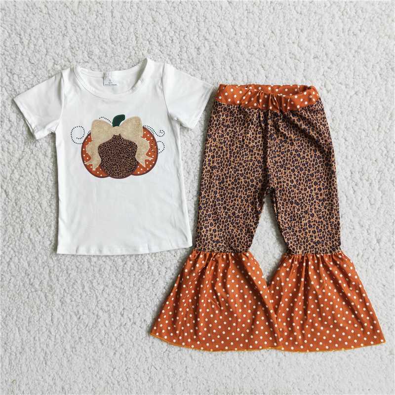 girls leopard pumpkin tops bottoms sets C10-14