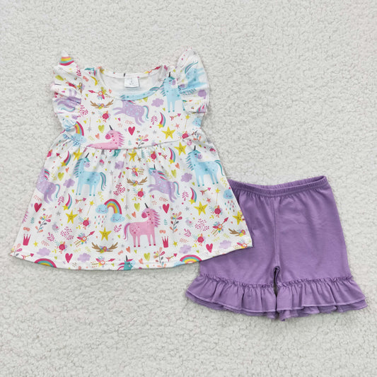 purple unicorn tops Ruffle shorts Outfits C10-3