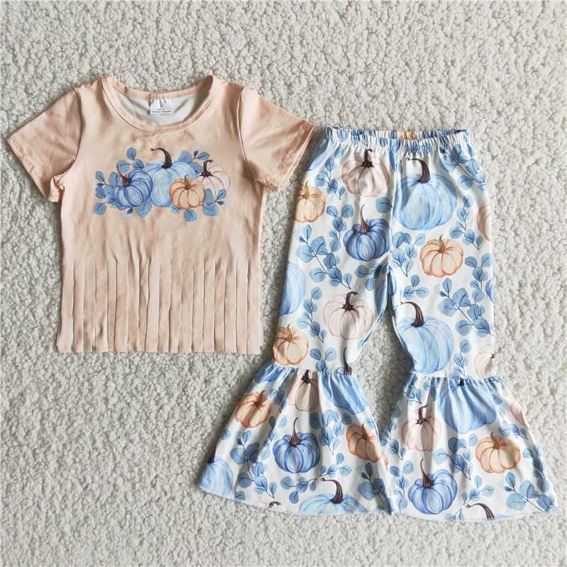 girls pumpkin floral tassel tops bottoms sets C10-9