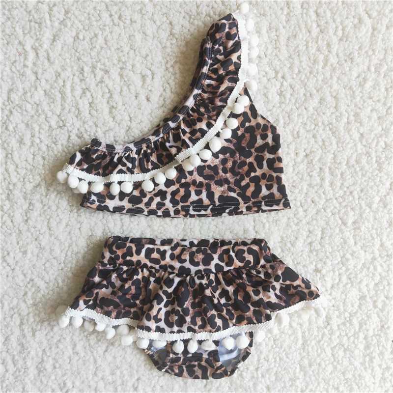 girls fur-ball trim leopard Swimsuit C2-12