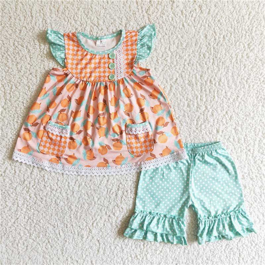 orange peach floral tops Ruffle shorts Outfits C2-13