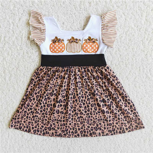 girls pumpkin embroidery leopard Dress C6-16