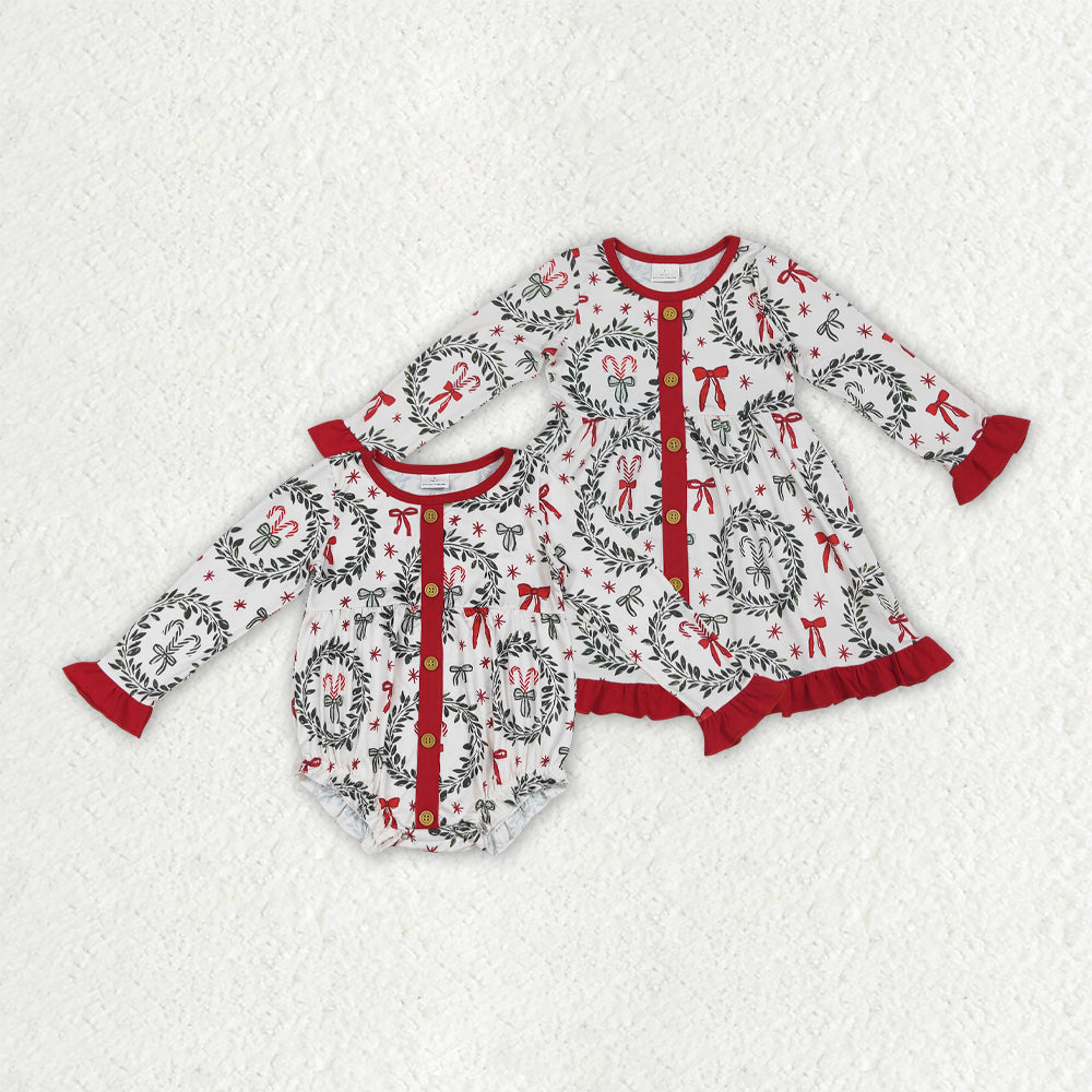 Sibling Baby Girls Christmas Green Red Bows Rompers Dresses