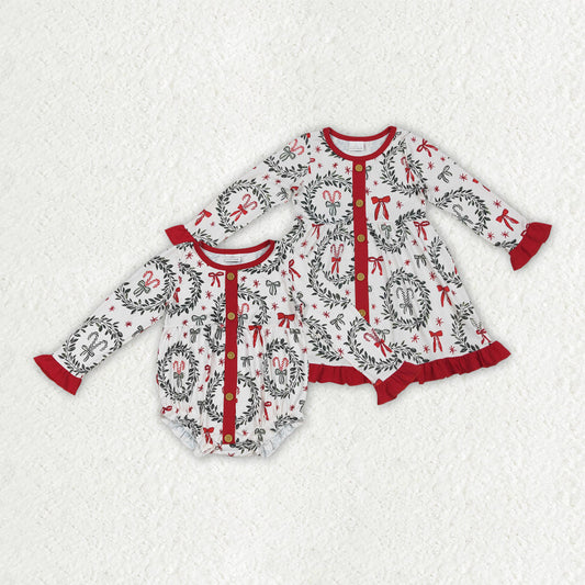 Sibling Baby Girls Christmas Green Red Bows Rompers Dresses