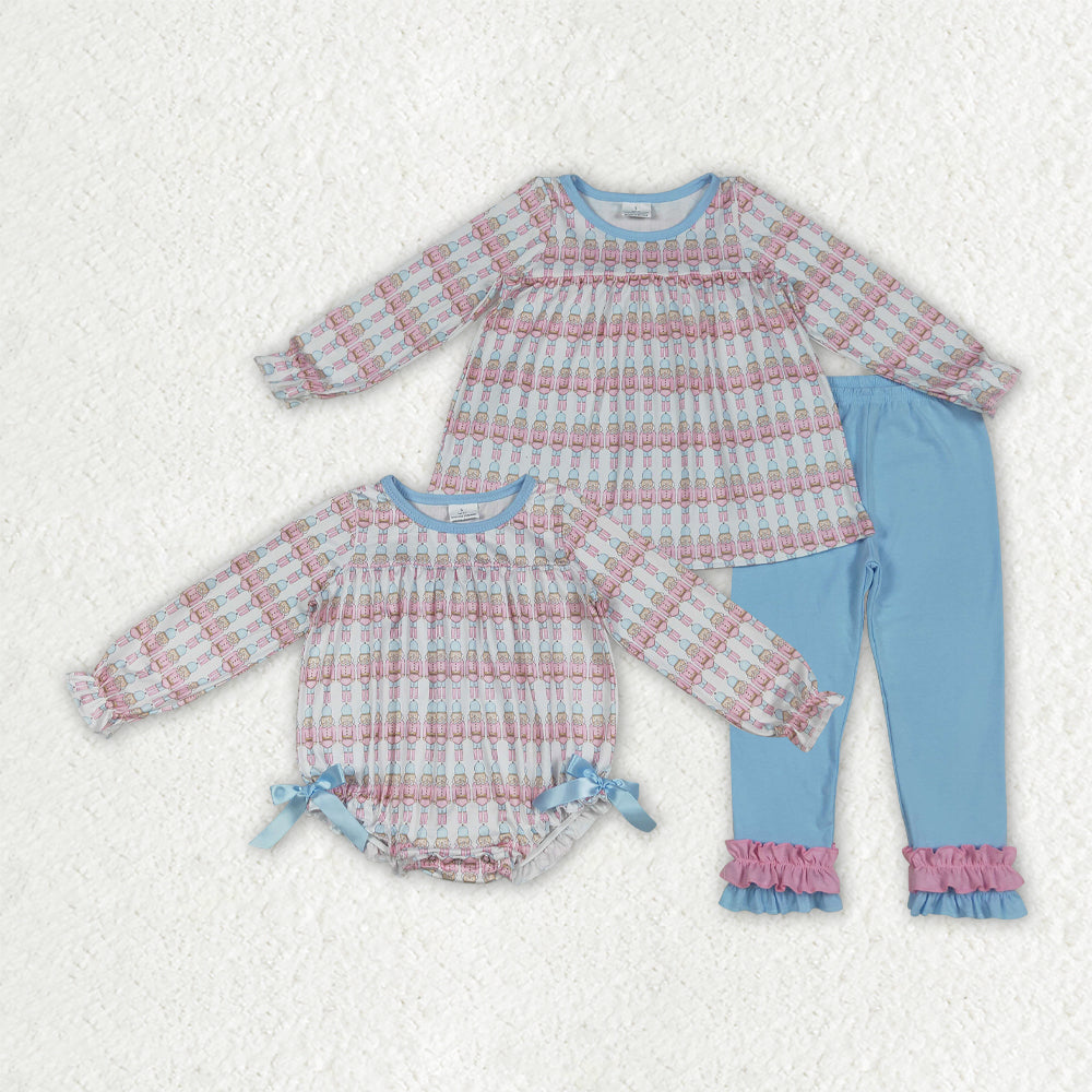 Sibling Baby Girls Christmas Soldier Top Blue Rompers Outfits