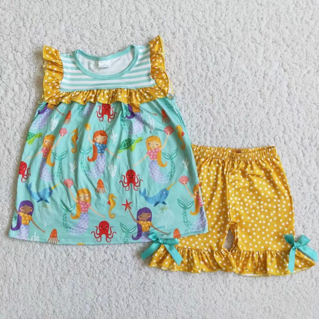 cartoon mermaid tops Ruffle shorts Outfits D9-11