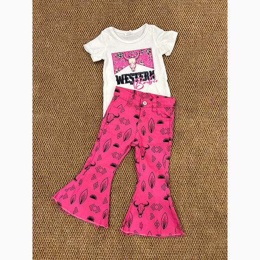 Western Doll White Shirt Pink Cow Aztec Denim Bell Bottom Jeans Sets