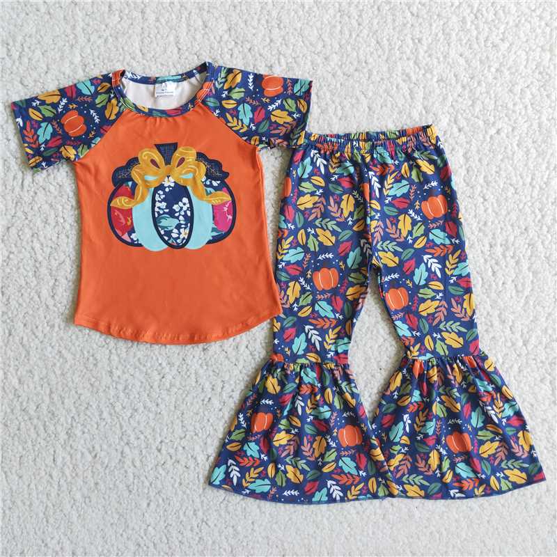 girls vintage pumpkin tops bottoms sets E1-3