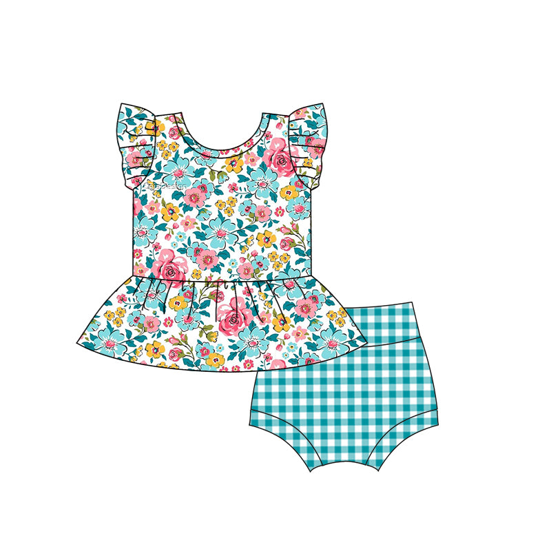 GBO0257 pre-order baby girl clothes blue flower girl summer bummies sets