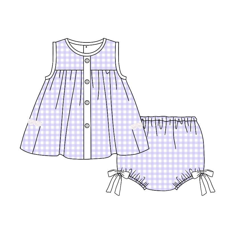 GBO0260 pre-order baby girl clothes purple plaid girl summer bummies sets