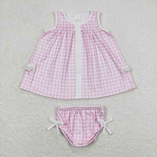 GBO0263 baby girl clothes pink plaid girl summer bummies sets