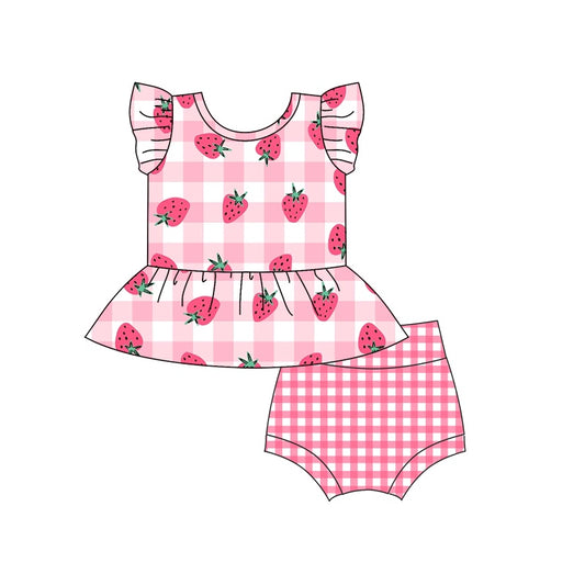 GBO0264 pre-order baby girl clothes pink plaid strawberry girl summer bummies sets