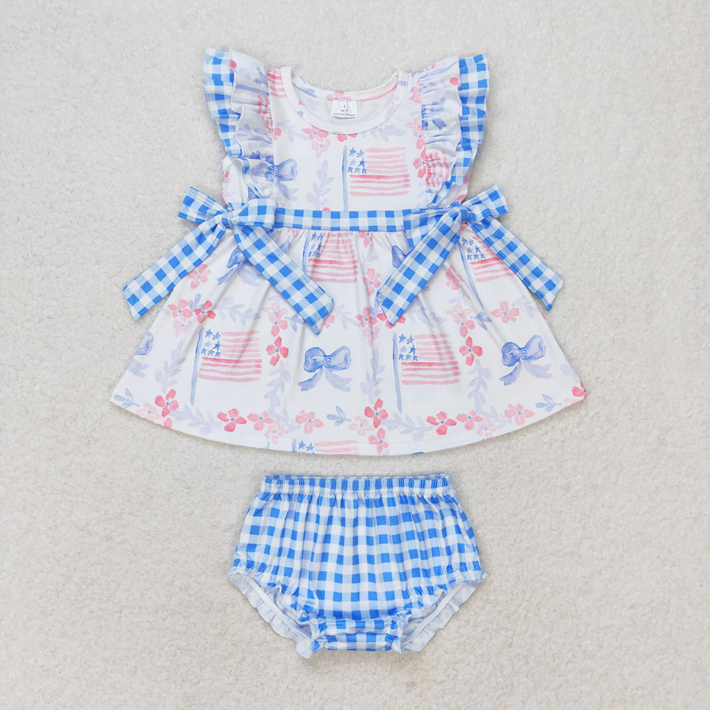 GBO0363 baby girls 4th of July patriotic flags bows tunic bummies set