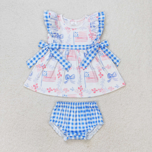 GBO0363 baby girls 4th of July patriotic flags bows tunic bummies set