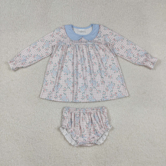 GBO0466 Baby Girls Pink Checked Flowers Collar Tunic Ruffle Bummies Clothes Sets