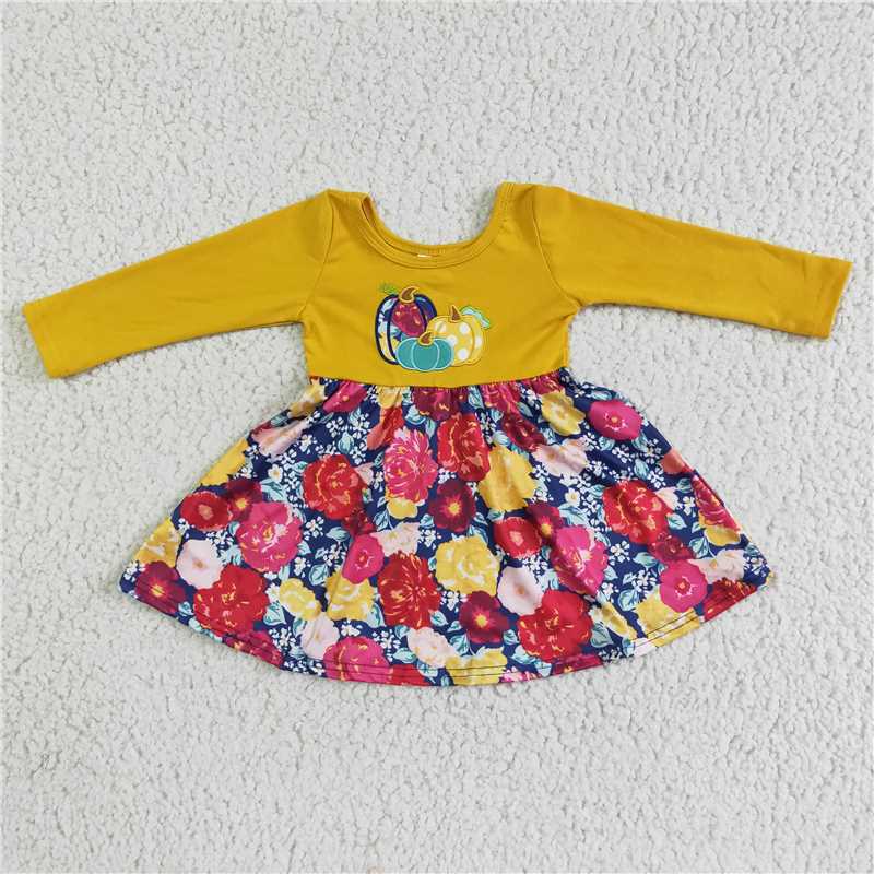 kids pumpkin embroidery floral patchwork Dress GLD0003