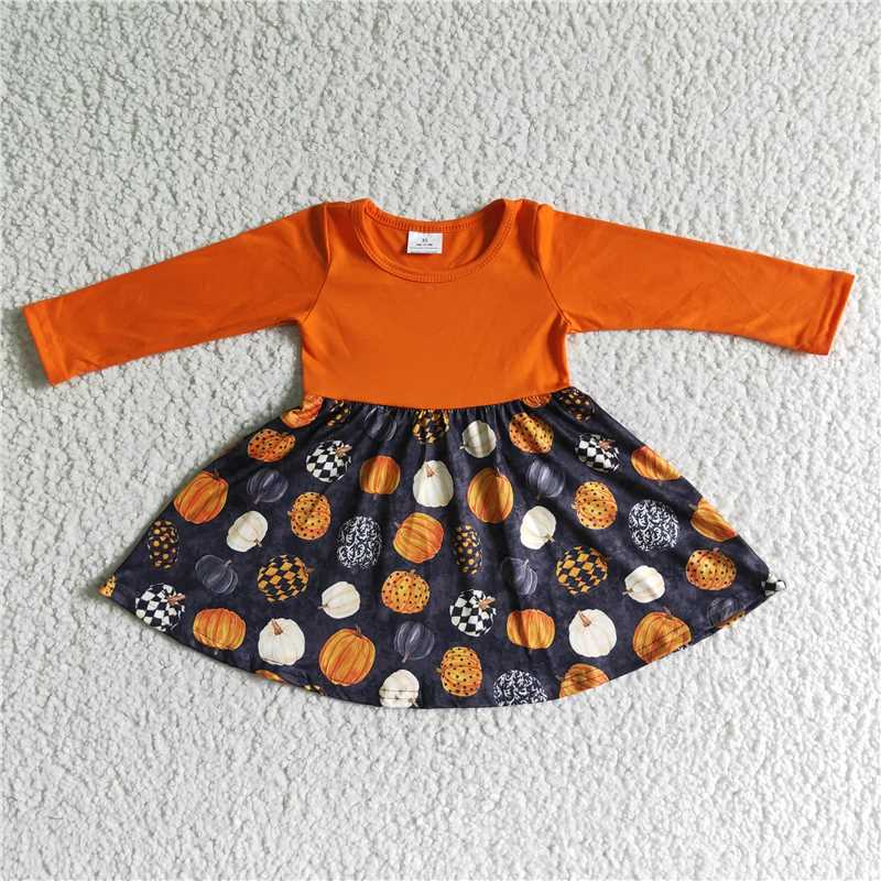 kids pumpkin printed long sleeve patchwork Dress GLD0011