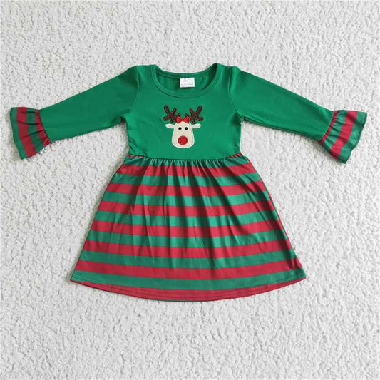 girls Xmas Reindeer embroidery green dress GLD0014