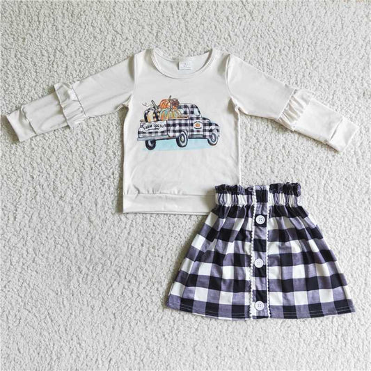 girls pumpkin tops plaid skirts sets GLD0070