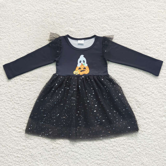 GLD0224 baby girl Halloween black ghost ruffle lace long sleeve dress
