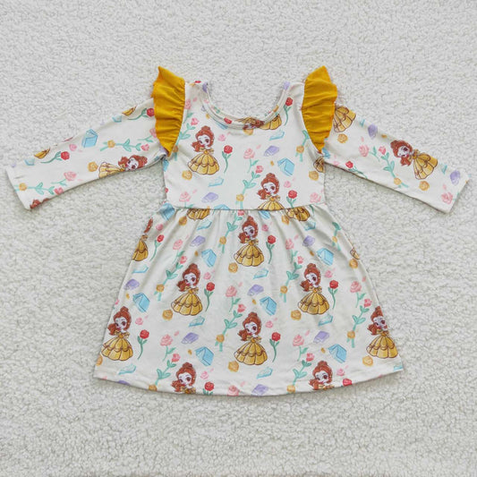 Girls cartoon princess yellow floral long sleeve dress GLD0250