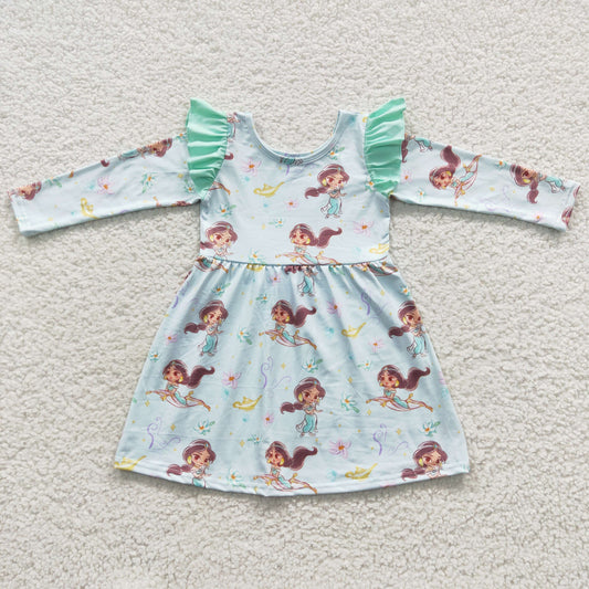 Girls cartoon princess mint green long sleeve dress GLD0253