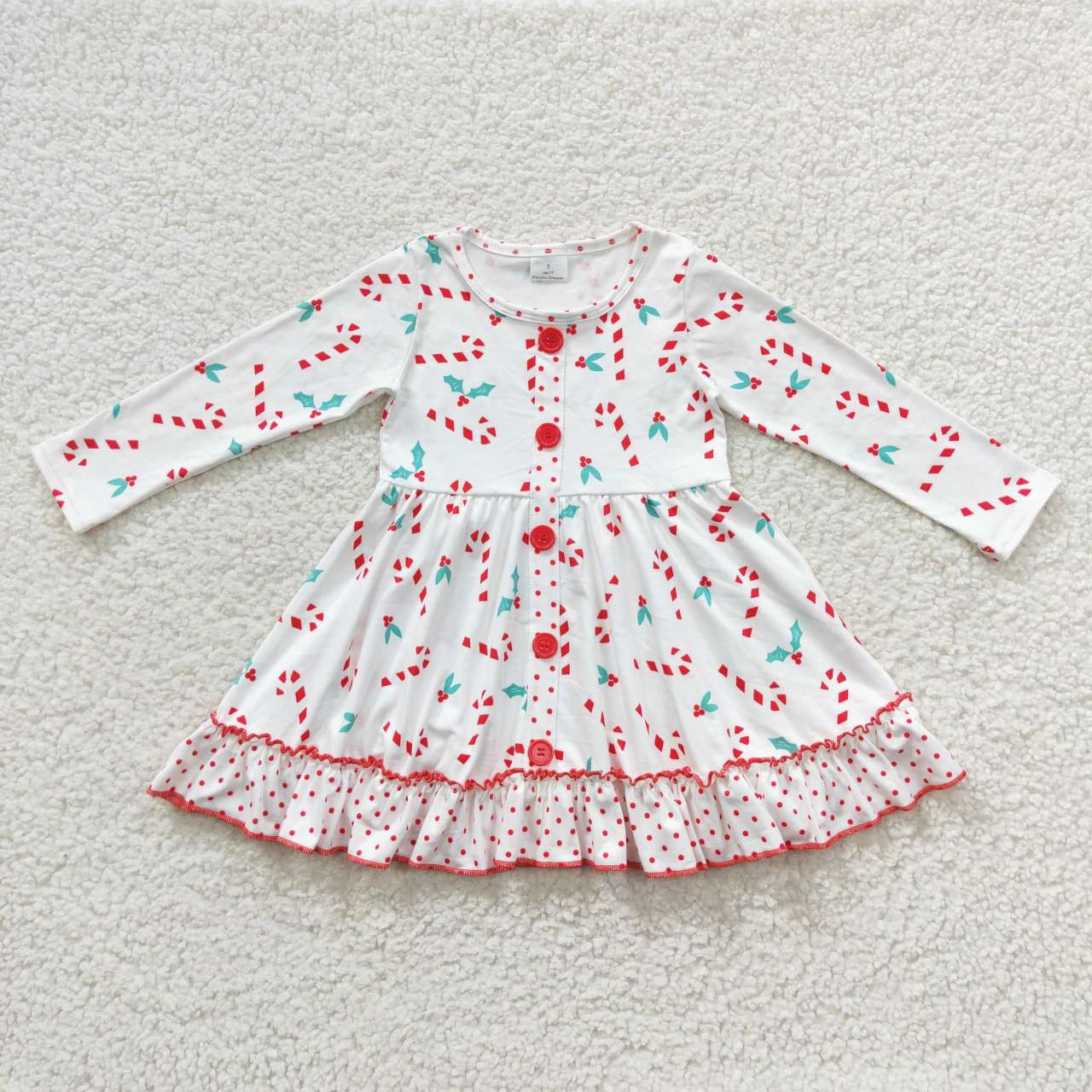 Girls christmas white candy button long sleeve dress GLD0268