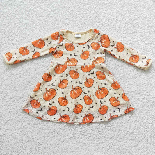 Girl fall long sleeve pumpkin sequined dress GLD0271