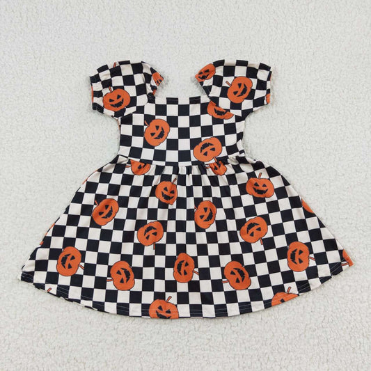 Girl Halloween pumpkin checkered short sleeve dress GLD0302