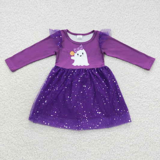 GLD0314 baby girl Halloween purple ghost ruffle lace long sleeve dress